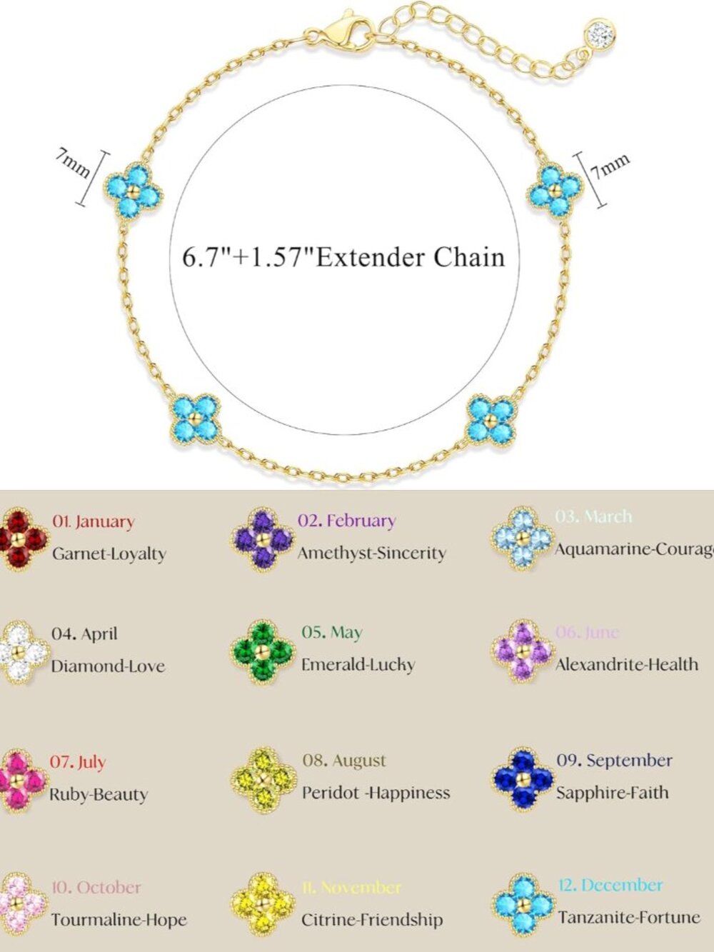 Birthstone Gold Clover Bracelet Dainty 14K Gold Plated Cute Friendship Stackable - Picture 5 of 6